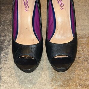 Candie's Black Peep-Toe Heels with Purple Lining